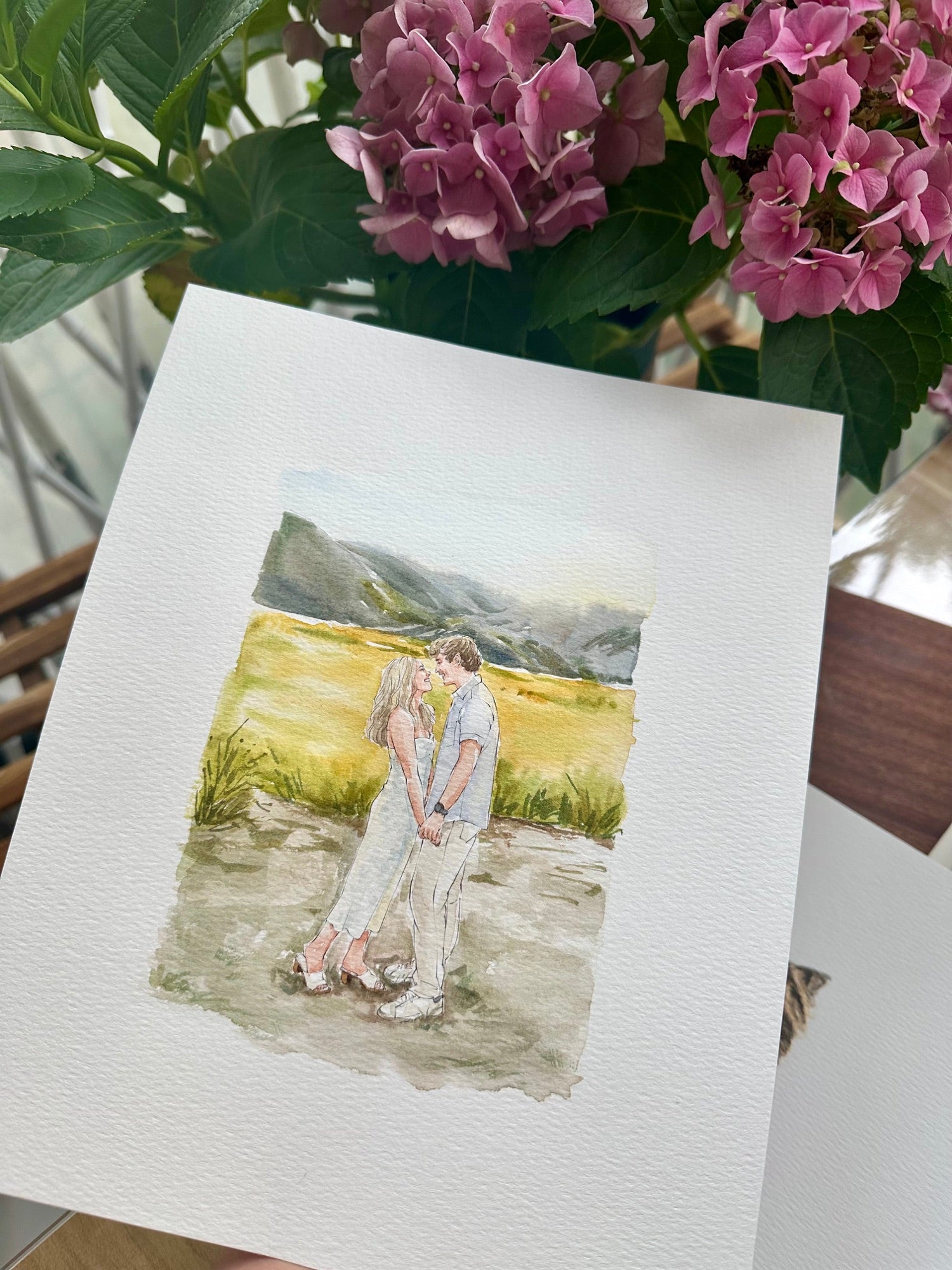 Finished custom watercolor couple portrait on paper