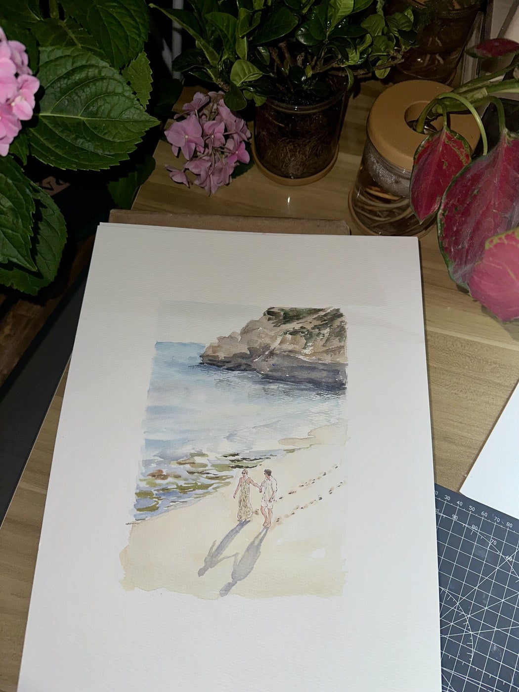 Finished hand-painted wedding watercolor beach portrait