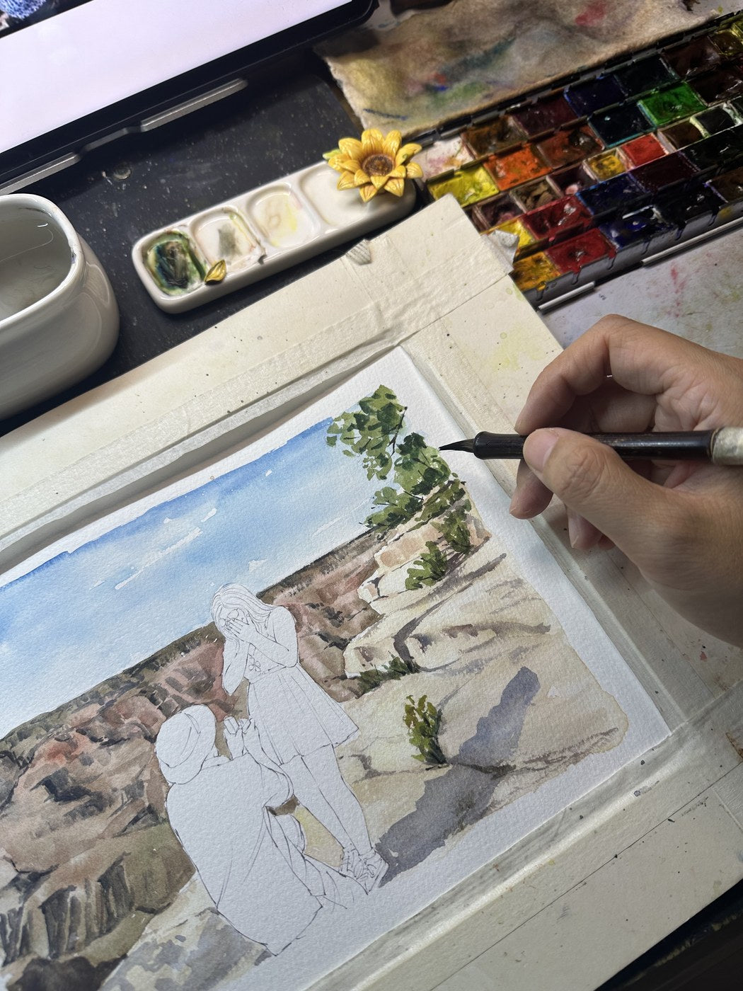 Hand-painting a custom proposal watercolor portrait in progress
